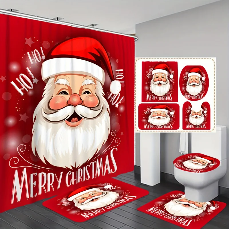 1 Christmas Style Red Bottom Santa Claus Head Avatar Bathroom Shower Curtain Four Toilet Three Piece Set, Best for