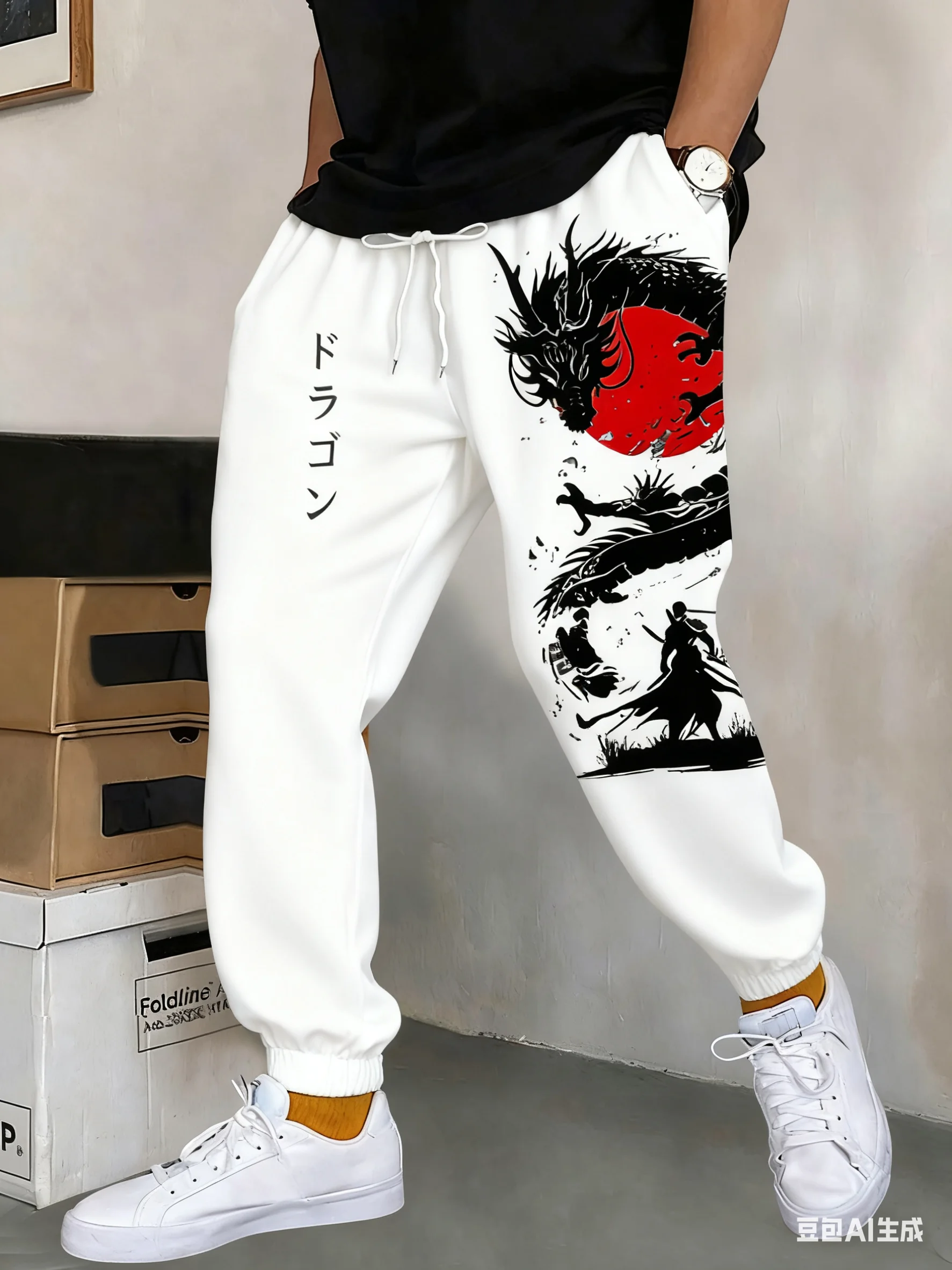 

Wind Dragon Pattern Samurai Sweatpants, Red Moon Black Dragon Graffiti, Slogan High Street 3D Printed Casual Sport Sweatpants