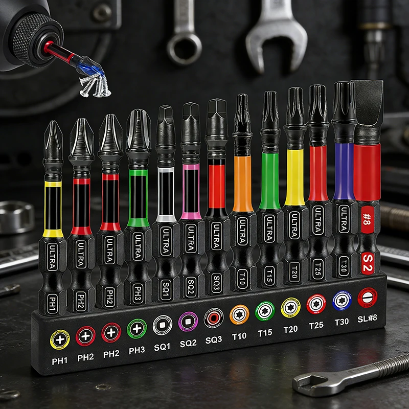 13PCS 임팩트 필립스/사각/일자 드라이버 비트 세트 2인치 자석 S2 스틸 비트 세트 색상 코드 베이스 드릴 자전거 수리