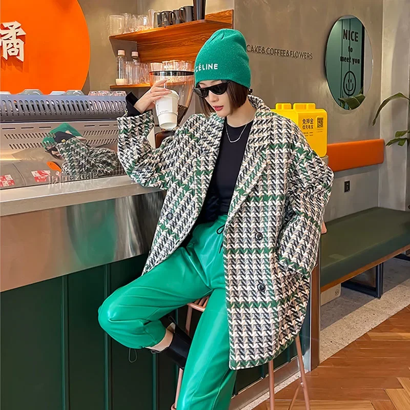 

2025 Spring Color Matching Houndstooth Woolen-clothes Blazer Women Casual Notched Collar Double Breasted Long Sleeve Suit Jacket
