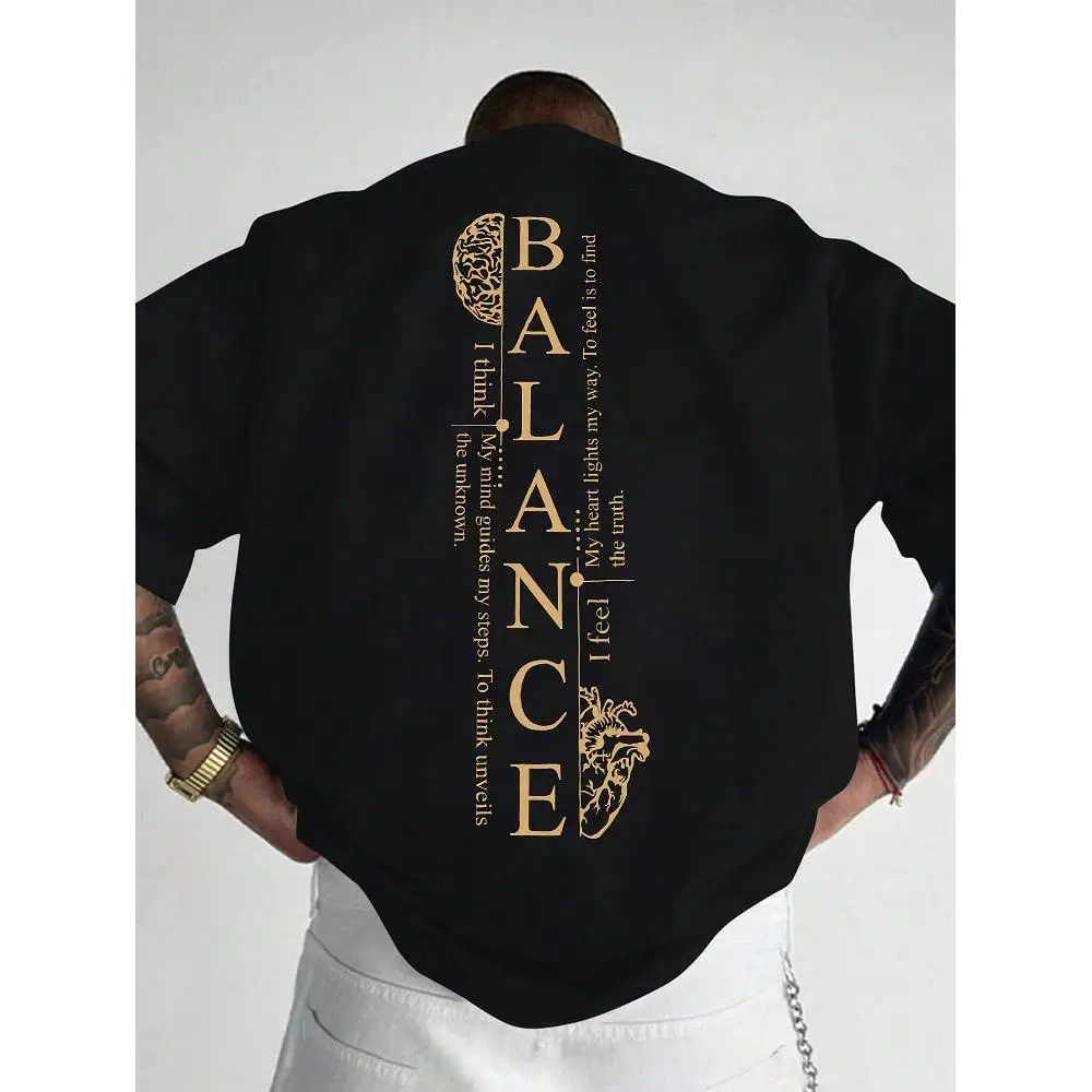 Men's American Retro BALANCE Slogan Gold Foil Printed T-Shirt, Loose Crew Neck Street Style Casual Top