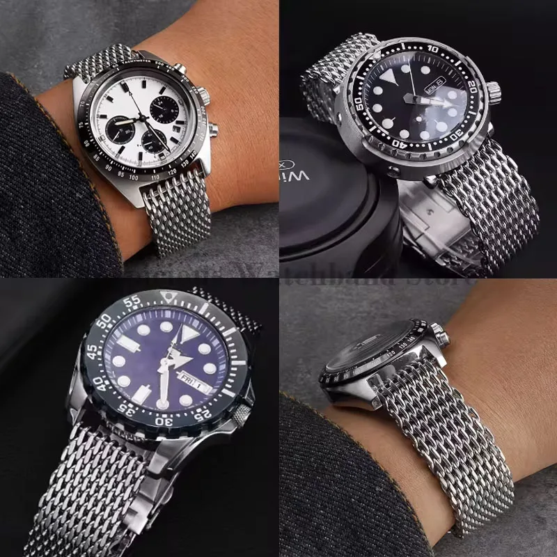 18/20/22mm Steel Dive Shark Strap Mesh for Milanese Watch Bracelet for Seiko 5 Weaving Double Snap Strap for Breitling Omega