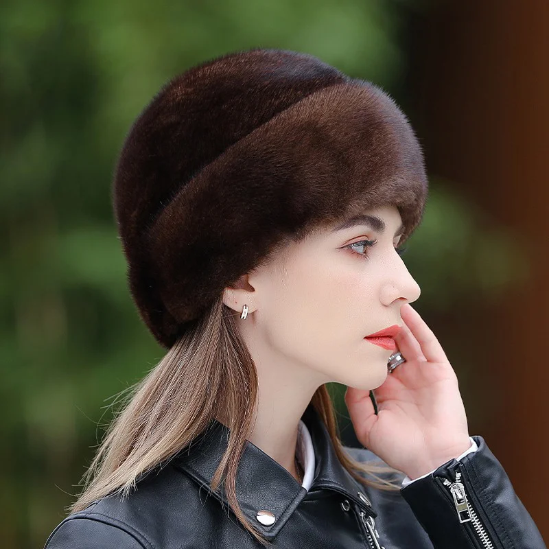 Real Fur Hat Ladies Winter Mink Hair Thermal Hat Casual Beret Outdoor Thickened Ear Protection Elegant Mink Hat