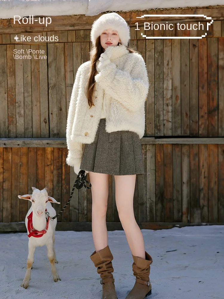 Suede fur collar, short fur coat for women, new winter 2025, cream yellow biomimetic fur