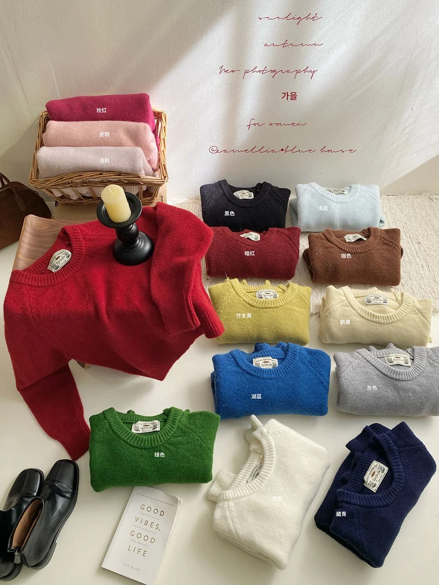 

Ретро корейский японский Thiened Long Sve круглый вязаный свитер Ne женский осенне-зимний ор повседневный теплый топ