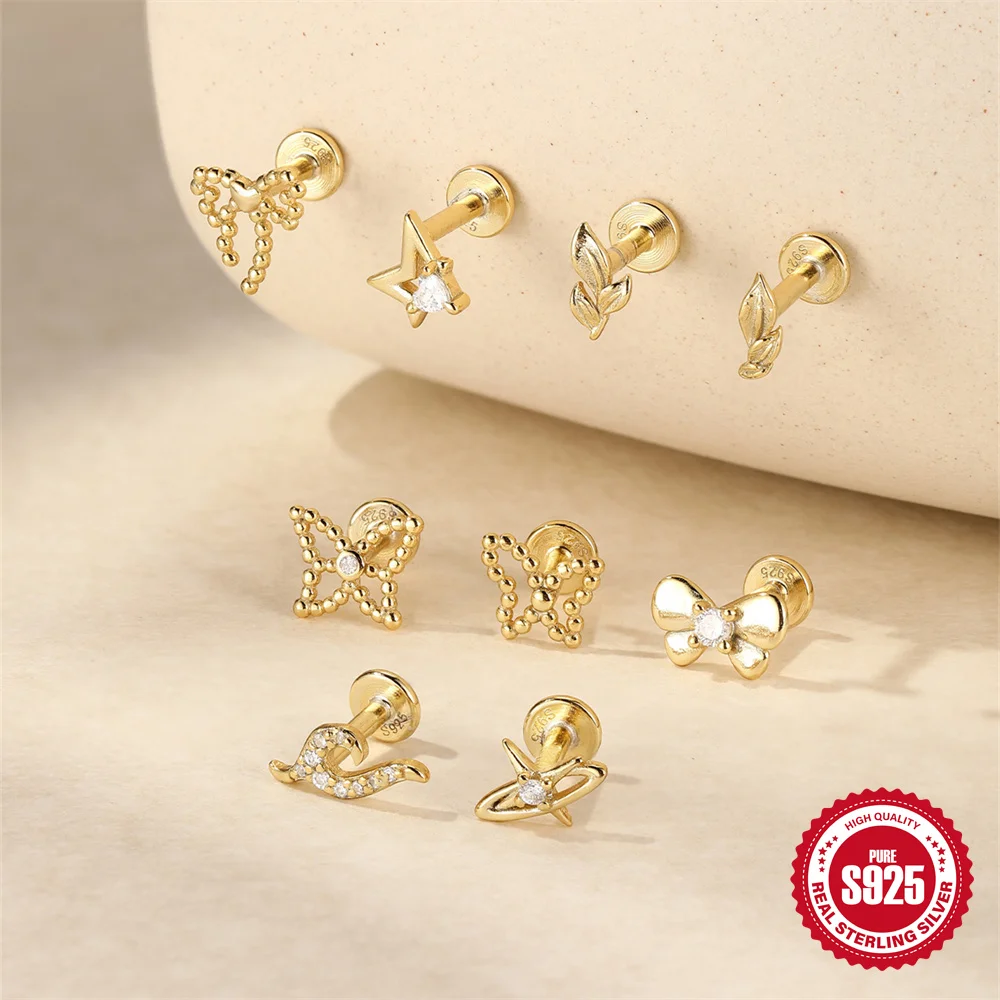 ROXI-pendientes de plata de ley 925 con circonitas de mariposa/hoja para mujer, joyería Piercing Palta de oro de 18K, 1 pieza