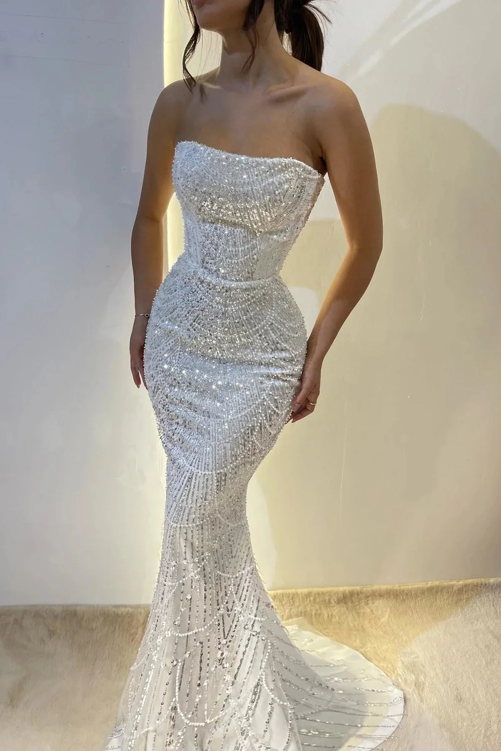 Strapless Pearl Sequin Evening Dresses Sexy Mermaid Luxury Beaded Formal Party Prom Gowns For Bride Vestido De Festa Custom Made