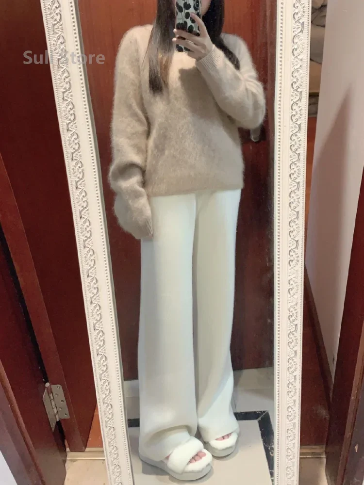 2024Autumn and Winter New High Waist Loose Knitted Wide-Leg Pants Women's Draping Wool Outer Wear Straight Wide Leg Mop Trousers