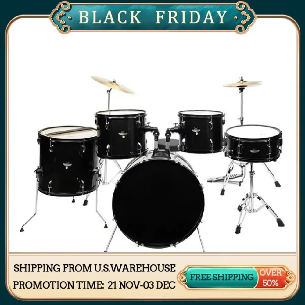 

Glarry Full Size Adult Drum Set 5-Piece Black two Tom Drum Snare Drum Floor Tom 16" Ride Cymbal 14" Hi-hat Cymbals Stool Drums