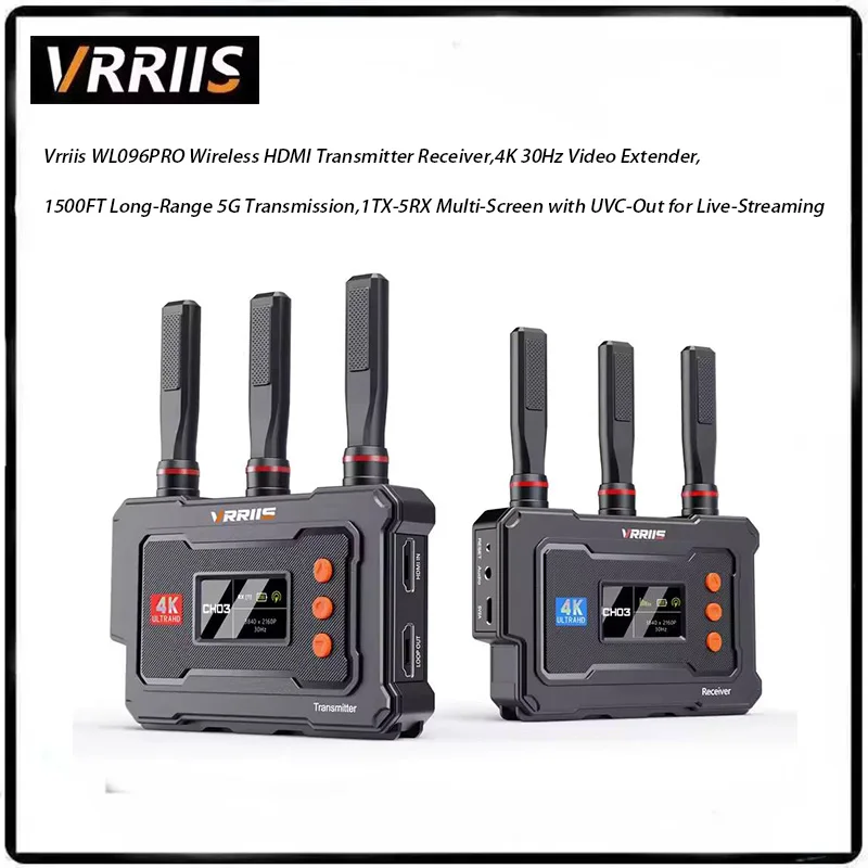 Vrriis WL096PRO 4K Wireless Video Transmission Kit, Multiple Adjustable Frequency Channels, HDMI & UVC Output, for DSLR