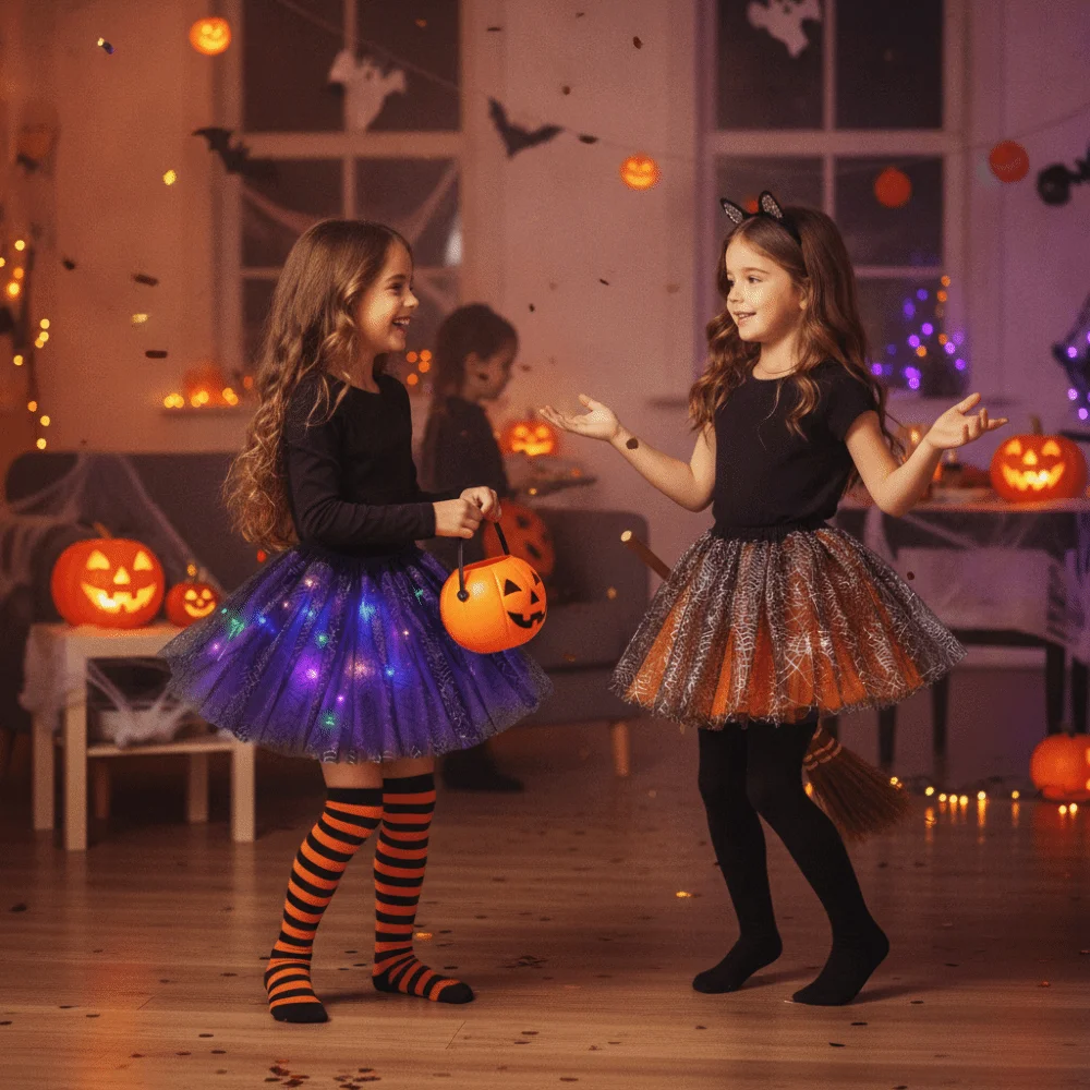 Mesh Kids Tutu Skirt Pom Pom Short Length Girls Mesh Puffy Skirt Puffy with Lamp Beads Kids Pom Pom Skirt Party Wear