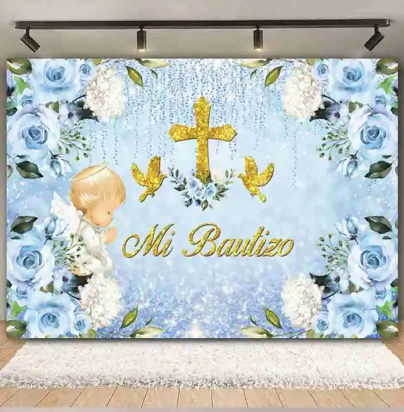 First Holy Communion Photography Backdrop Boy Girl Baby Shower Birthday Party My Baptism Gold Cross God Bless Photo Background