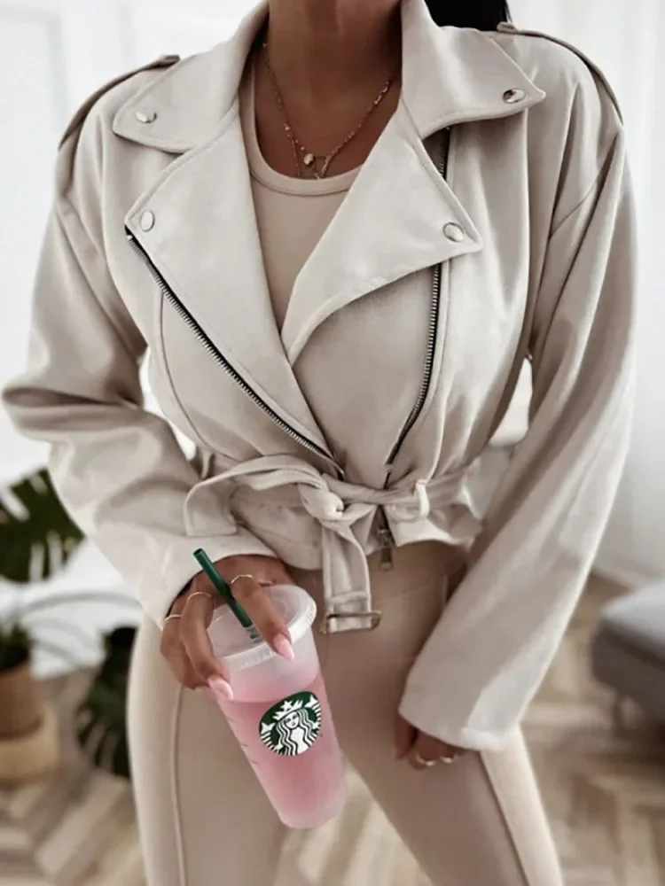 Autunno Inverno Elegante Colletto con risvolto Giacche solide Moda donna Cerniera Con lacci in vita Cappotto corto Casual Manica lunga Cappotto sottile