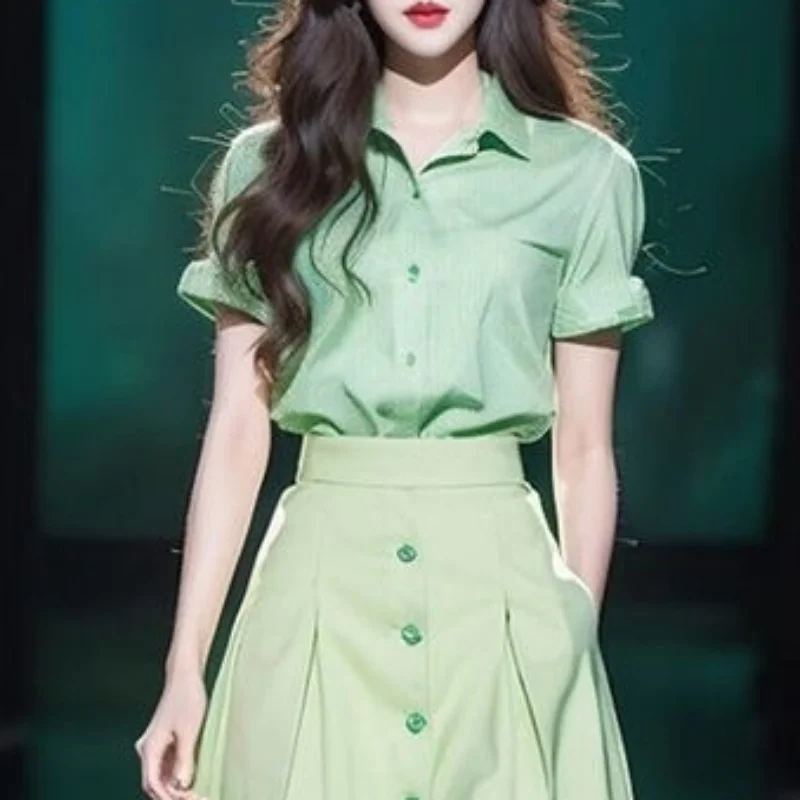 

Spring And Summer New Fashion Solid Color Turn-Down Collar Short Sleeve Women's Wear High Quality Single Breasted Shirt