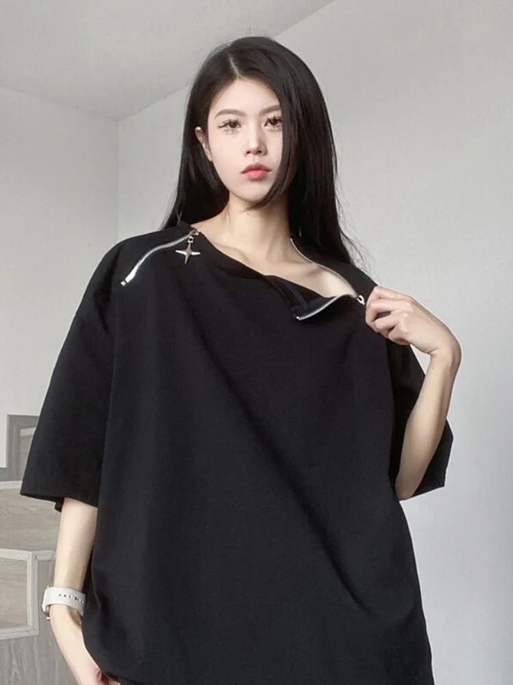 

Черная плотная футболка с молнией, летняя, в американском стиле, высококачественная, молодежная, модная, не мнется, с эффектом трейбл.