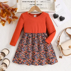 Spring and autumn girls fashion casual round neck long sleeve knee-length floral dress - orange