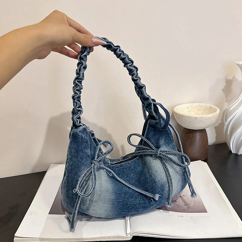Fashion Women Shoulder Bag Denim Bow Knot Hobo Under Arm Bags