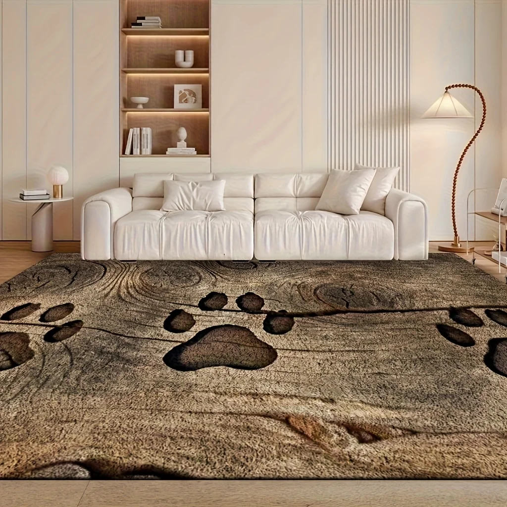 VIKAMA Bear Paw Print Area Rug,Non‑Slip Mat,Rustic Wood Grain Animal Footprint Pattern Carpet Living Room Cabin Bedroom Decor