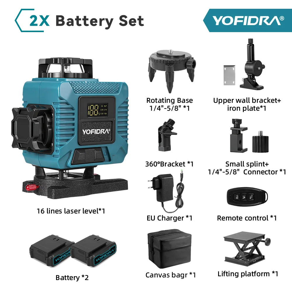 YOFIDRA 16-lijns laserwaterpas groene lijn horizontaal verticaal 360° °   Zelfnivellerende superkrachtige laserwaterpas met APP-afstandsbediening