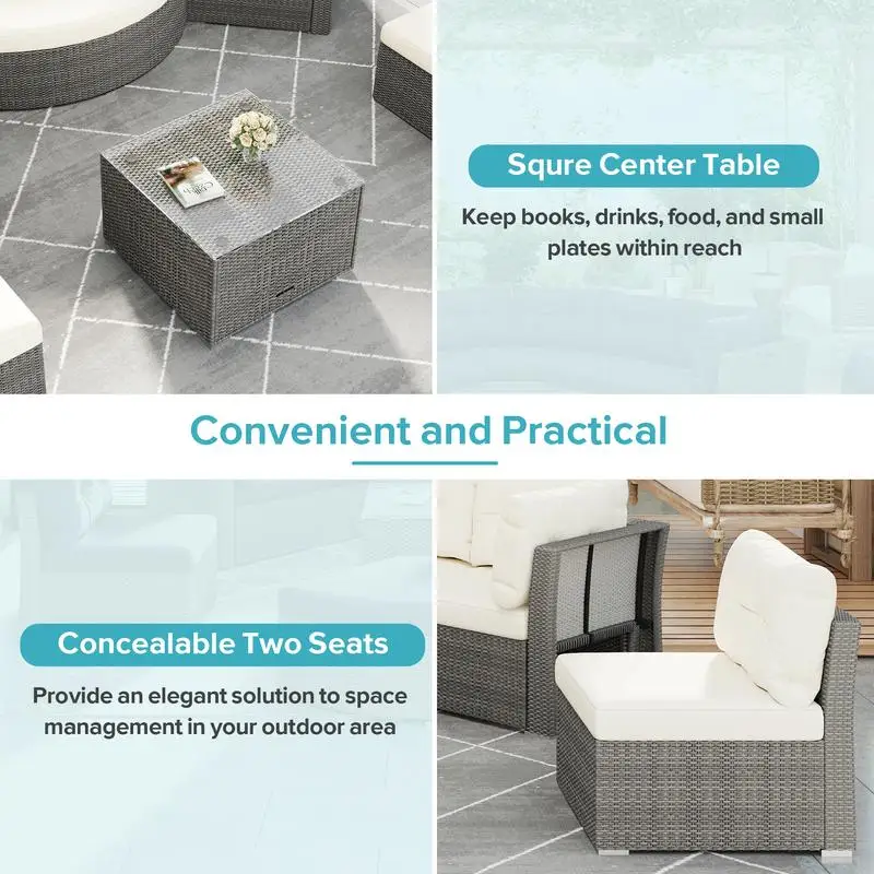 طقم أثاث مقطعي لسرير نهاري من الروطان للأماكن الخارجية مع وسائد وطاولة للفناء والحديقة والفناء الخلفي وحمام السباحة - بيج #4