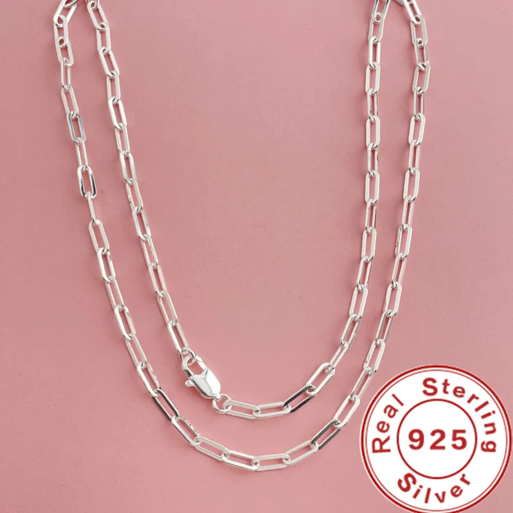 45-60cm Wholesale 925 Sterling Silver 3mm Wide Paper Clip Necklace for Boys Girls Women Fine Jewelry Wedding Party