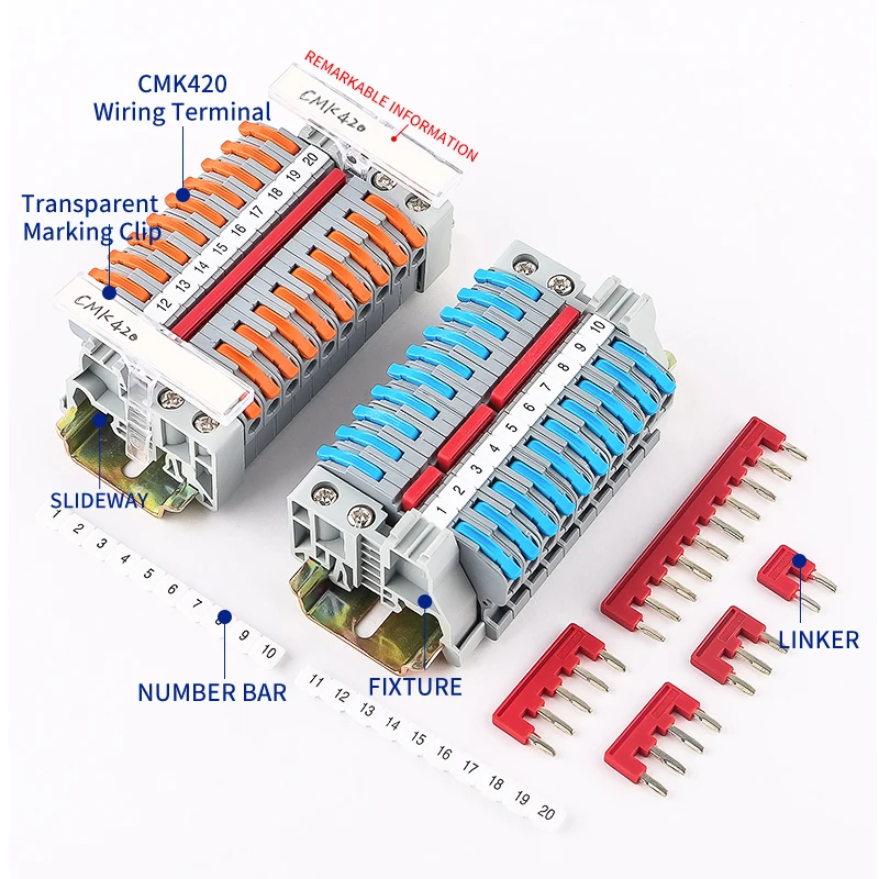 JINH Compact Lever-Type Din Rail Splice Block CMK420, Color-Coded Quick Connection Terminals for Industrial Signalling