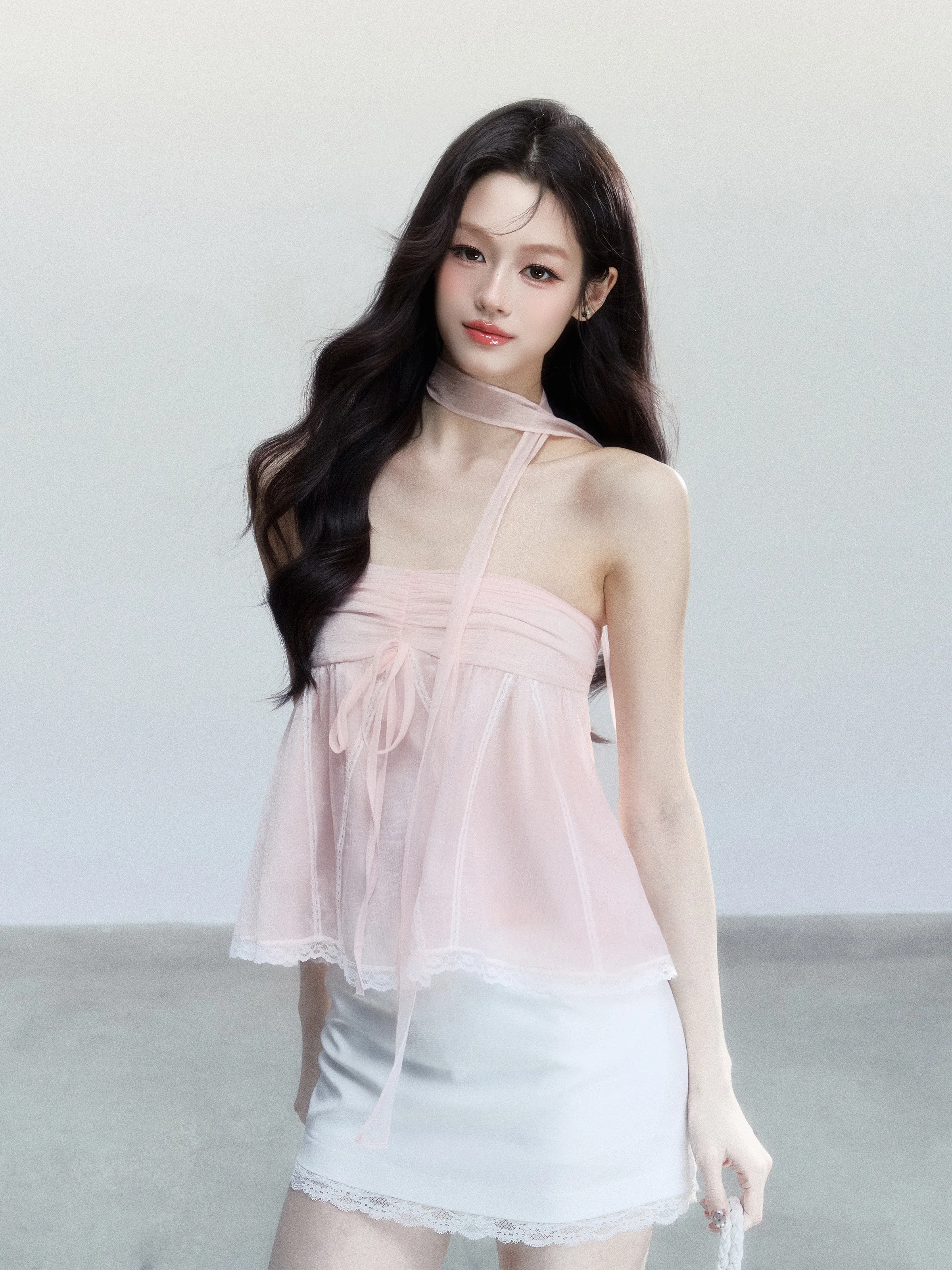 Fragile Heart Sweet Spicy Strap Design Tube Top Vest T-Shirt Korean Style Loose Fit Summer Polyester No Sleeve Lace Splice