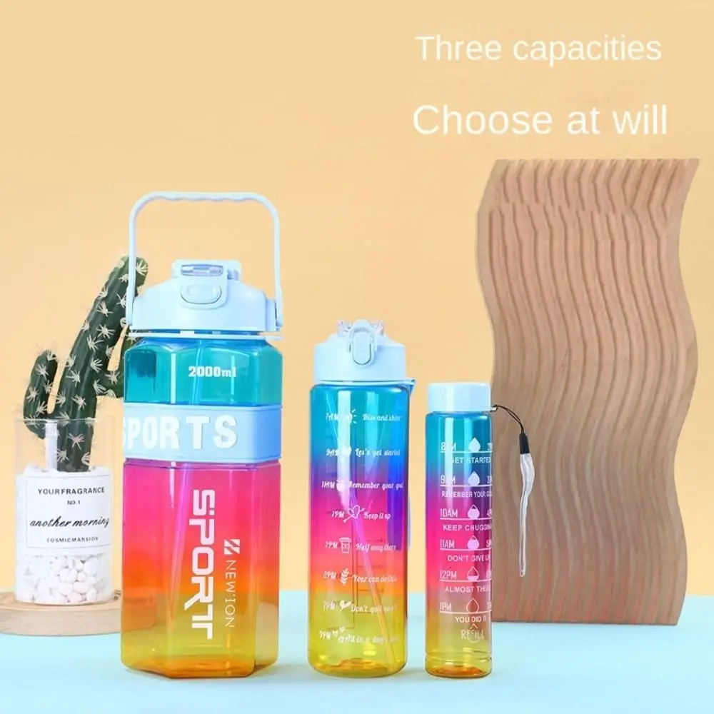 Three Piece Set Sports Water Bottle Set Hexagon Large Capacity Leak Proof Colorful Cup Gradient Color with Straw