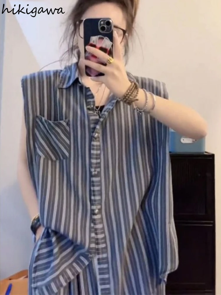 Summer Two Piece Set Women Clothes Sleeveless Oversized Shirt High Waist Straight Wide Leg Pants Outfits Casual Striped Y2k Sets