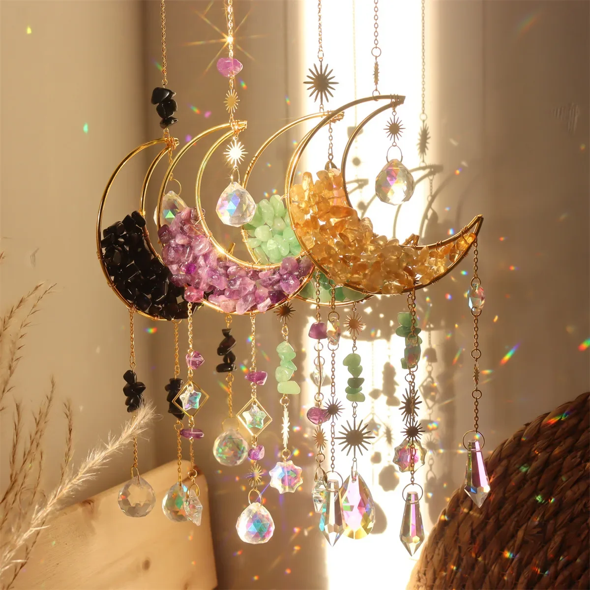 Moon Suncatcher Hanging Glass Prisms Crystal Sun Catcher Wind Pendants DIY Wind Chimes for Car Window Outdoor Garden Decorations