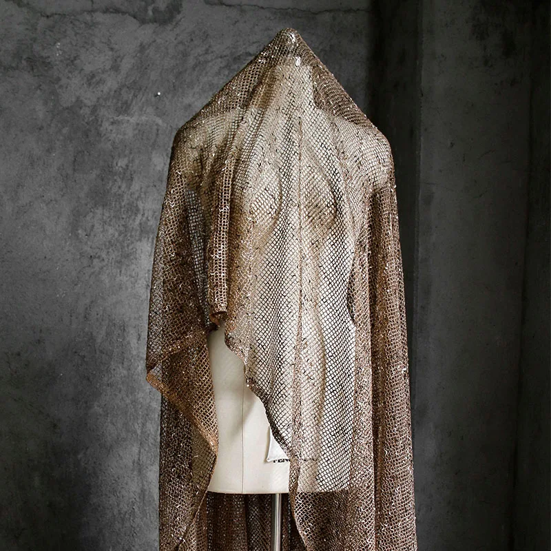 Vintage Brown Knitted Mesh Fabric Hollowed Out Evening Gown with Transparent Texture Fashion Clothing Designer Fabric