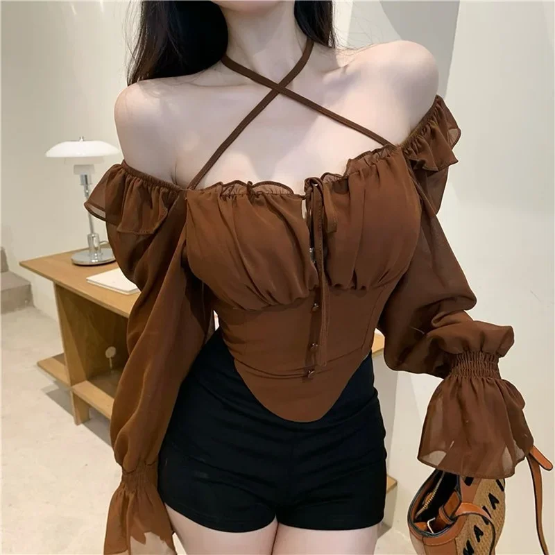 

Long Sleeve Ruffled Chiffon Shirt Off The Shoulder One Slim Fit Crop Top Sexy Trumpet Fungus Lace Up Blouse Retro