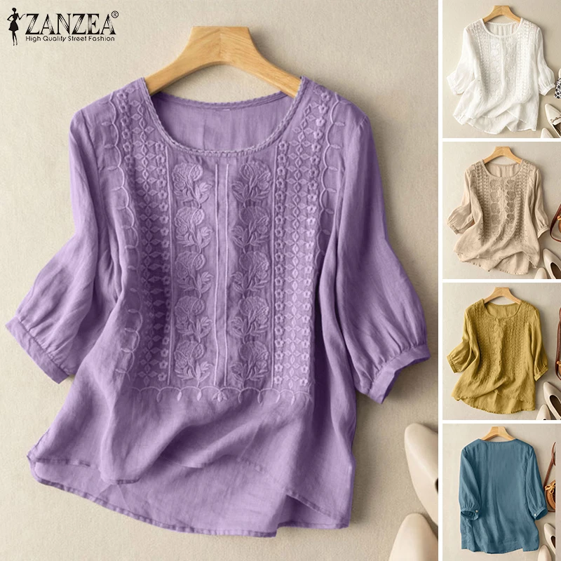 ZANZEA Damen-Blusen aus Baumwolle, Spitzenbesatz, O-Ausschnitt, 3/4 Puffärmel, Blumenstickerei, einfarbig, elegante Oberteile für den Alltag, Blusas