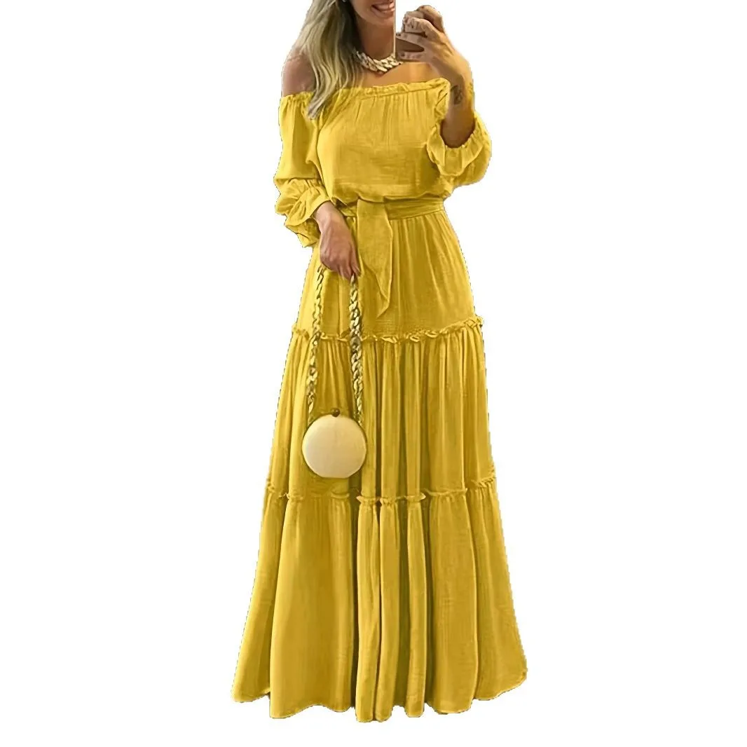 2025 verão boêmio vestido feminino temperamento viajando cor sólida emenda vestido de gola de uma peça