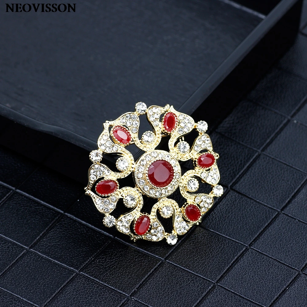 Gold Color Women Brooch Caftan Pins Round Flower Crystal Jewelry Turkish Design Arabic Bride Wedding Bijoux