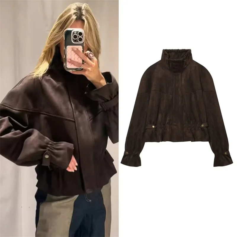 Guobioziy 2026 Women's Jacket Fall/Winter New Deep Brown Long-Sleeve Pleated Suede Texture Parka Jacket Stylish and Trendy