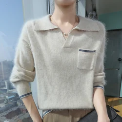 Fashion Polo-Neck Knitted Pullovers Women's Mink Wool Sweater Clothing Autumn Winter Elegant Simplicity Solid Small V-neck Tops