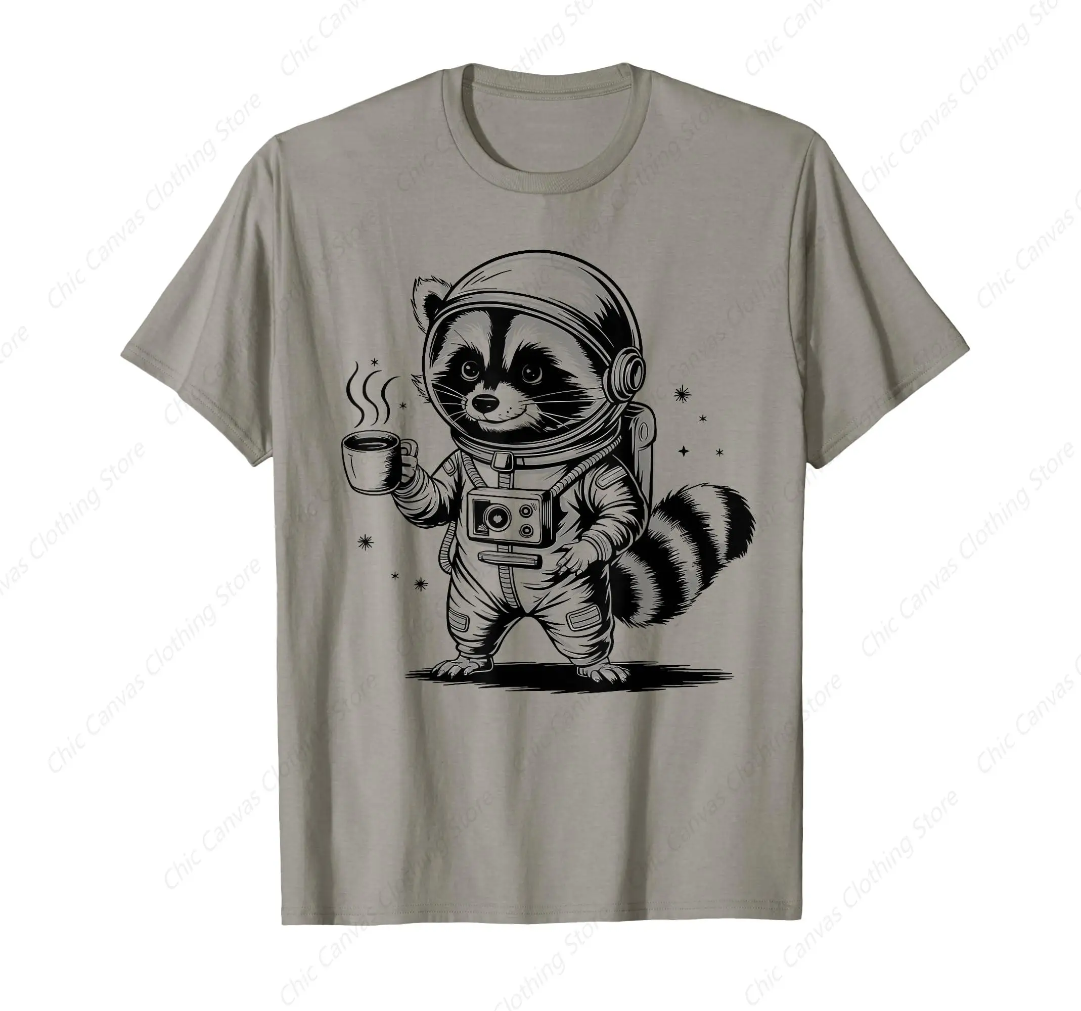 

Fun Retro Raccoon Enthusiast Printed Men's Shirt Coffee Astronaut Raccoon T-shirt Grey Pure Cotton Short Sleeve