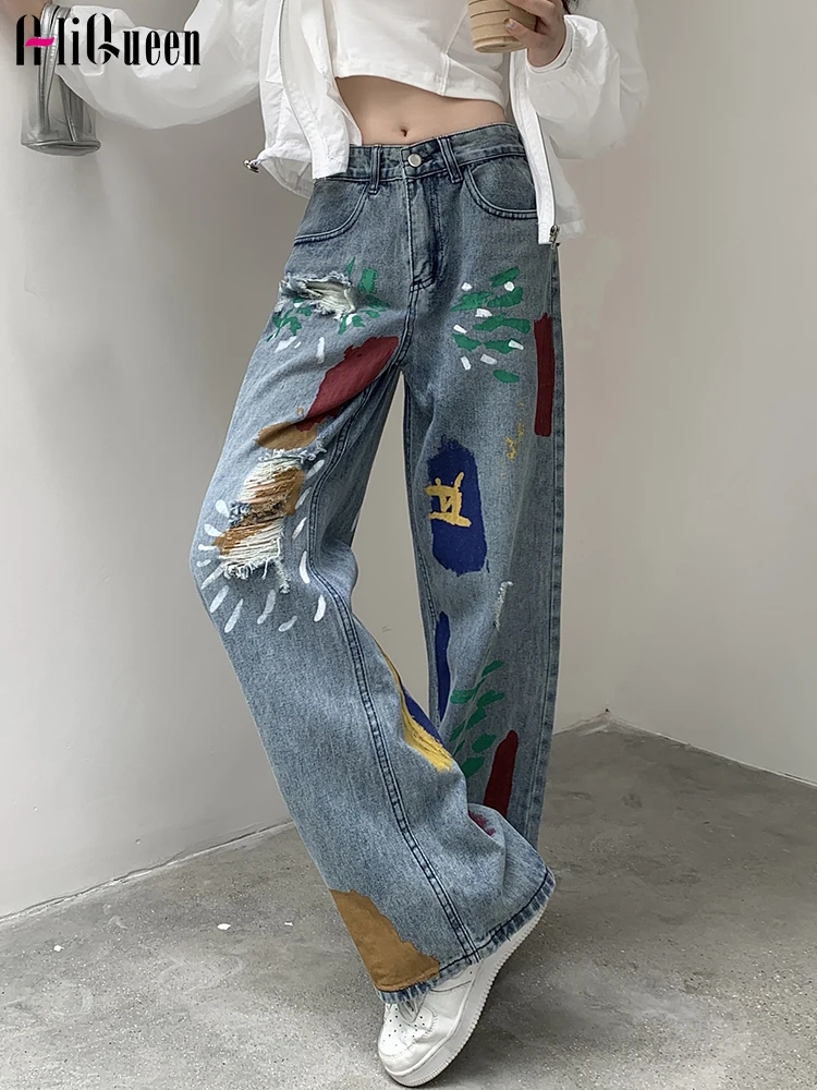 

Female Vintage Casual Blue Loose Hand-Painted Full Length Flare Jeans Women High Waist Wide Leg Holes Long Denim Pant Streetwear