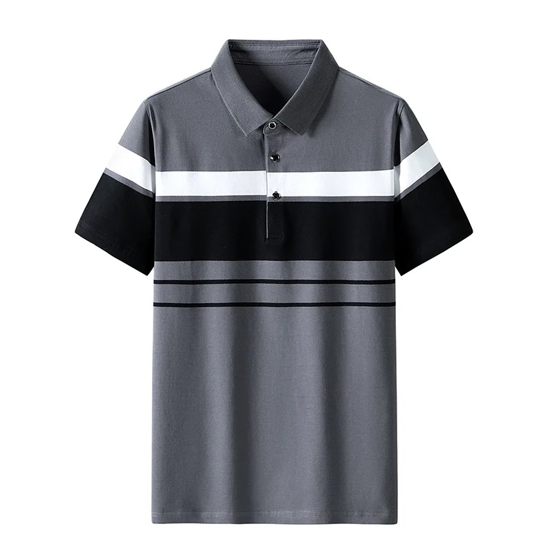 

Summer Men's Polo Shirts With Short Sleeve Business Stripes Print Casual Tops Fashion Sport Wear Oversized T Shirts Man Clothes