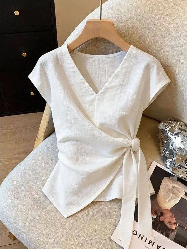 Slimming V-Neck Short Sleeve Shirt Women's Fashion Design Knot Waistband Asymmetrical French Style Top Summer New Arrival