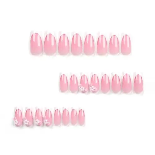 24PCS New Long Rhinestone Pink Fake Nails for Women Square Bling Glossy 3D Flower False Nail Tips Artificial Nails Nail Patches