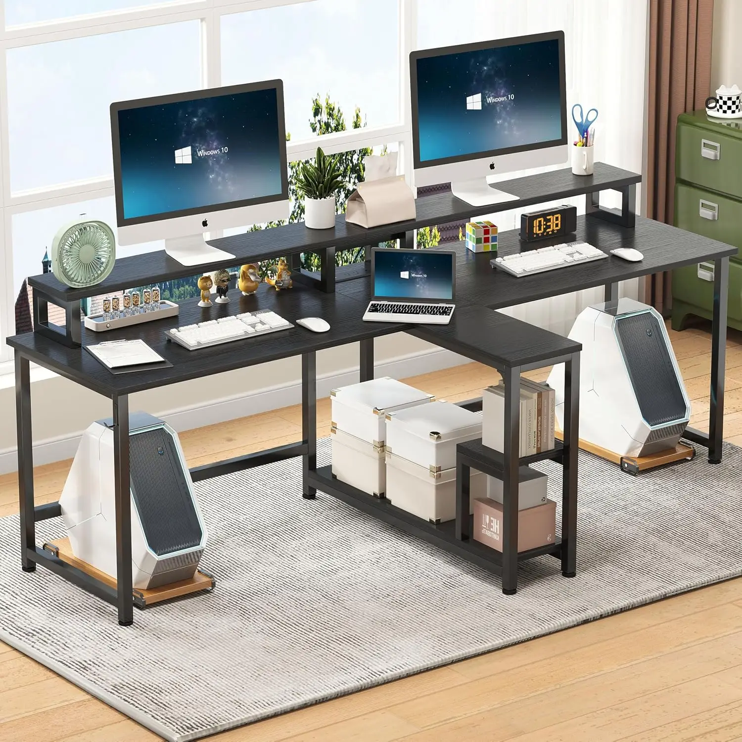 Two Person Desk with LED Light, 83.7 Inch Double Desk with Monitor Stand & Power, Rustic Table with Shelves, Customized