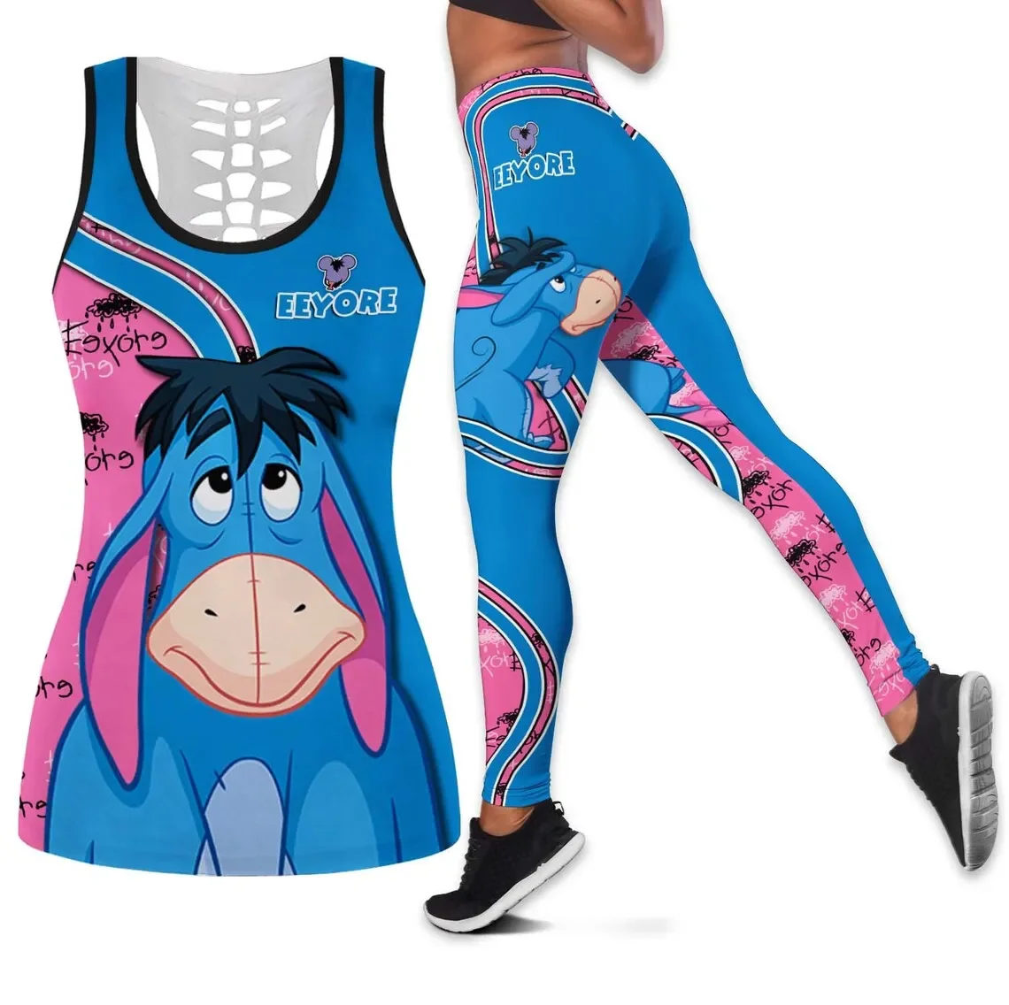 Winnie the Pooh Eeyore Women's Hollow Vest + Women's Leggings Yoga Suit Fitness Leggings Sports Suit Disney Tank Top Legging Set