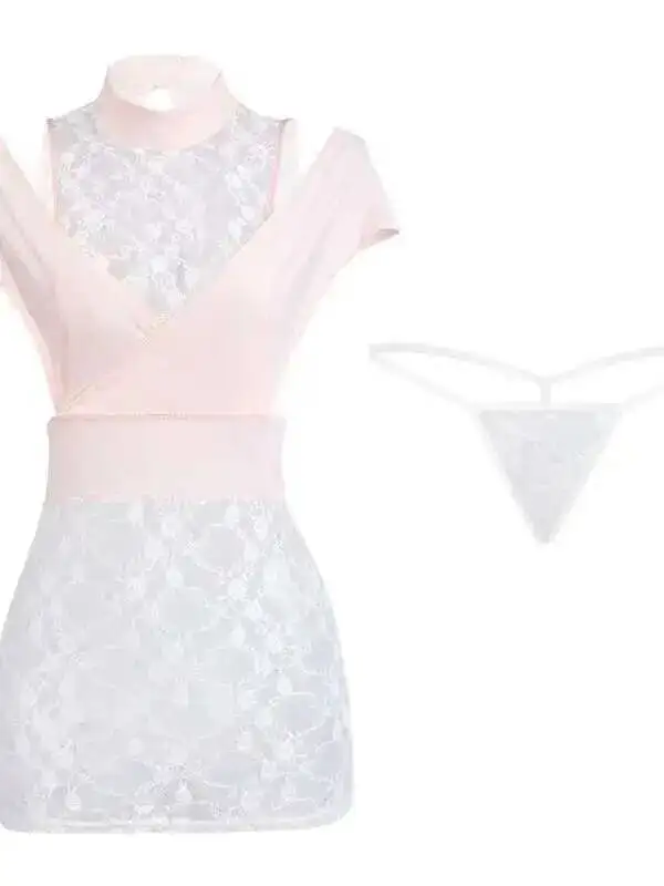 Sexy Vrouwelijke Mesh Kant Sheer Nep Tweedelige Opstaande Kraag Kant Wrap Hip T-shirt Mini Jurk Nachtjapon uniform Jurk Elegante DU88