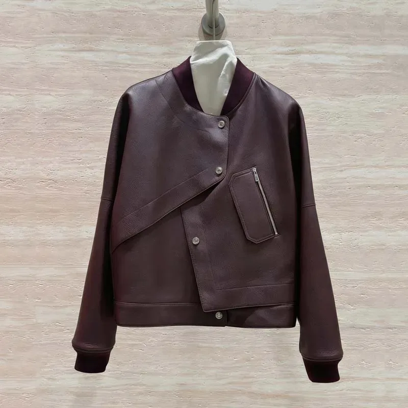 Jaqueta Bomber Feminina Laranja de Couro Genuíno com Design de Botões Assimétricos, Casaco Curto de Pele de Cordeiro Real com Bolso com Zíper, Estilo Streetwear