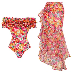 Flaxmaker Floral Ruffle Printed Push Up One Piece Swimsuit and Skirt Women Bikini Set Swimwear Summer Women Swimsuit Beach Wear
