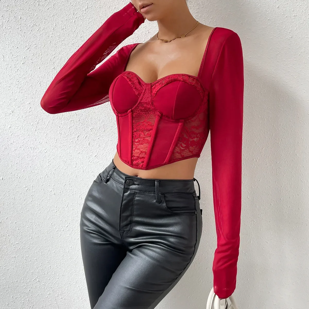 2024 neue schicke sexy V-Ausschnitt Langarm Mesh Crop Top, Frauen schwarze Spitze Stickerei aushöhlen schlanke Blusen