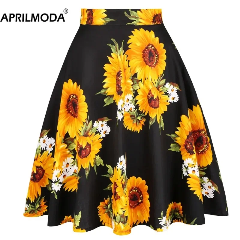 2024 Womans Saias Faldas 50s 1950s Vintage Women Big Swing Housewife Rockabilly Party Skirt Sunflower Summer Pleated Midi Skirts