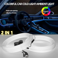 2 in 1 Car Interior Ambient LED Light Strip USB Fiber Optic Neon Cold Light Line Flexible Interior Decoration Atmosphere Lamp 5M